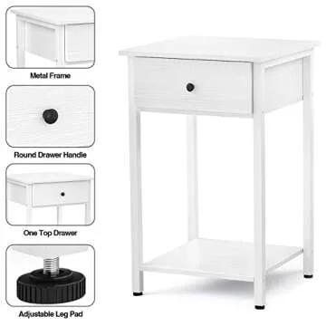 Ecoprsio Nightstand White End Table Side Table with Drawer and Storage Shelf Wood Night Stand Modern Bedside Table for Bedroom, Living Room, Sofa Couch, Hall, Easy Assembly, White
