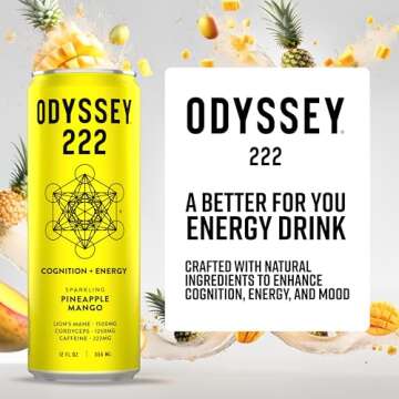 Odyssey Elixir - 222 Sparkling Energy Drink - 222 mg Caffeine - Lion's Mane & Cordyceps - Boost Ener...