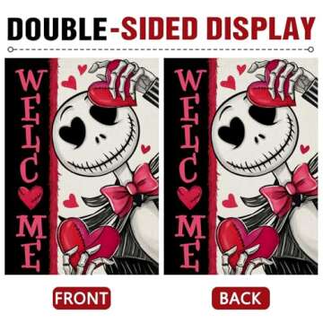 Dyrenson Welcome Valentines Day Jack Decorative Garden Flag, Red Pink Love Heart Yard Outside Home Decorations, Anniversary Wedding Burlap Outdoor Small Decor Double Sided 12 x 18