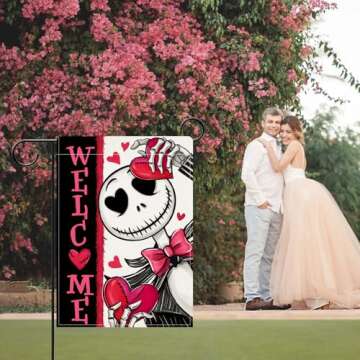 Dyrenson Welcome Valentines Day Jack Decorative Garden Flag, Red Pink Love Heart Yard Outside Home Decorations, Anniversary Wedding Burlap Outdoor Small Decor Double Sided 12 x 18