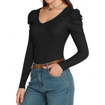 MANGOPOP Women's Elegant Puff Sleeve Bodysuit for Casual Wear