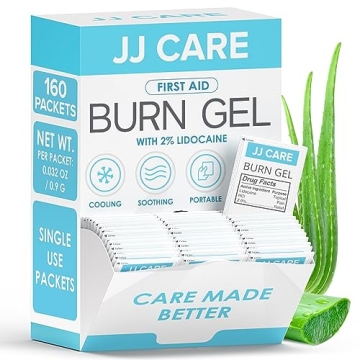 JJ CARE Burn Gel Pack of 160 - Soothing Individual Packets with Lidocaine and Aloe Vera