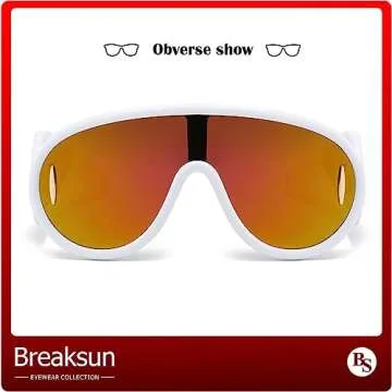 Breaksun Fashion Wave Mask Sunglasses for Women Men Oversized Silver Mirrored Futuristic Shield Sun Glasses Designer Style (White/Gold Mirror)