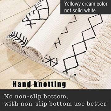Boho Bathroom Rug, 2'x3' Small Rugs Runner, Woven Kitchen Tassel Bath Mat, Bohemian Farmhouse Tribal Accent Fringe Front Door Entryway Bedroom Rug, Yellowy Cream