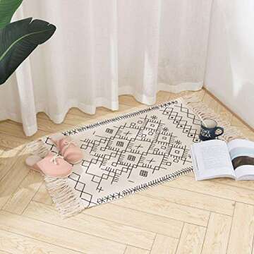 Boho Bathroom Rug, 2'x3' Small Rugs Runner, Woven Kitchen Tassel Bath Mat, Bohemian Farmhouse Tribal Accent Fringe Front Door Entryway Bedroom Rug, Yellowy Cream