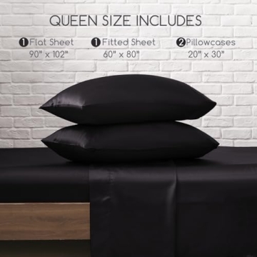 MR&HM Satin Bed Sheets, Queen Size Sheets Set, 4 Pcs Silky Bedding Set with 15 Inches Deep Pocket for Mattress (Queen, Black)