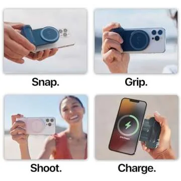 ShiftCam SnapGrip - Mobile Phone Camera Grip with Wireless Shutter Button - Magnetic Mount Snaps on to Any Phone - Built in Powerbank with Qi Wireless Charging - Tabletop Dock | Midnight