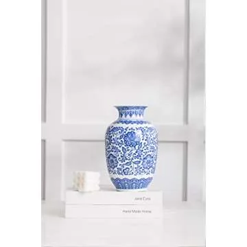 Blue and White Vase, Blue Vases Home Décor, Chinoiserie Vase, Blue and White Porcelain, Ceramic Vase for Home, Living Room, Bookshelf, Mantle Fireplace,Table Centerpieces,9"