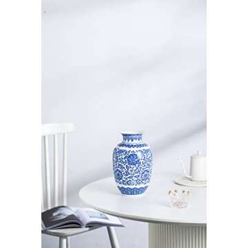 Blue and White Vase, Blue Vases Home Décor, Chinoiserie Vase, Blue and White Porcelain, Ceramic Vase for Home, Living Room, Bookshelf, Mantle Fireplace,Table Centerpieces,9"