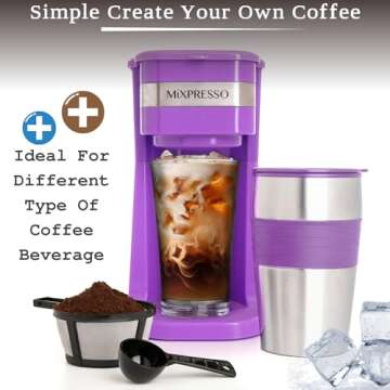 Mixpresso Personal Single-Serve Coffee Maker & 14oz Travel Mug, Drip Coffee Brewer & Tumbler, Auto S...