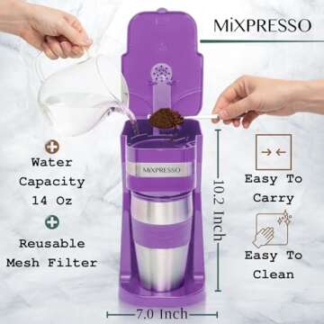 Mixpresso Personal Single-Serve Coffee Maker & 14oz Travel Mug, Drip Coffee Brewer & Tumbler, Auto Shut Off & Reusable Filter, Purple Coffee Maker Compatible with Coffee Grounds