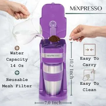 Mixpresso Personal Single-Serve Coffee Maker & 14oz Travel Mug, Drip Coffee Brewer & Tumbler, Auto Shut Off & Reusable Filter, Purple Coffee Maker Compatible with Coffee Grounds