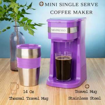 Mixpresso Personal Single-Serve Coffee Maker & 14oz Travel Mug, Drip Coffee Brewer & Tumbler, Auto Shut Off & Reusable Filter, Purple Coffee Maker Compatible with Coffee Grounds