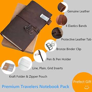 newestor Refillable Leather Journal Travelers Notebook - 8.5 x 4.5 Travel Diary with 5 Inserts + Pen...