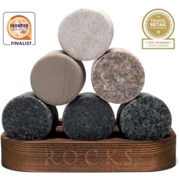 Whiskey Chilling Stones - Set of 6 Handcrafted Premium Granite Round Sipping Rocks - Hardwood Presentation & Storage Tray by R.O.C.K.S.