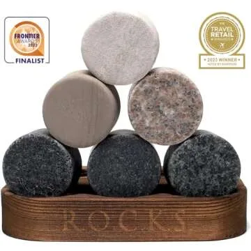 Whiskey Chilling Stones - Set of 6 Handcrafted Premium Granite Round Sipping Rocks - Hardwood Presentation & Storage Tray by R.O.C.K.S.
