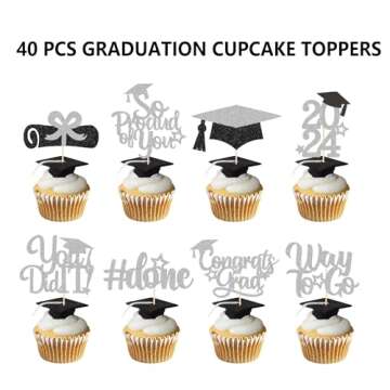 40Pcs Graduation Cupcake Toppers 2024 Silver Black Glitter Class of 2024 Graduation Cupcake Toppers,...