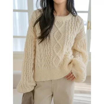 Cozy Milumia Women's Chunky Cable Knit Sweater in Beige