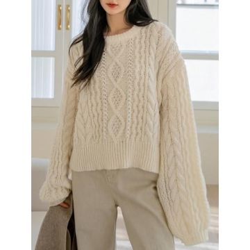 Cozy Milumia Women's Chunky Cable Knit Sweater in Beige