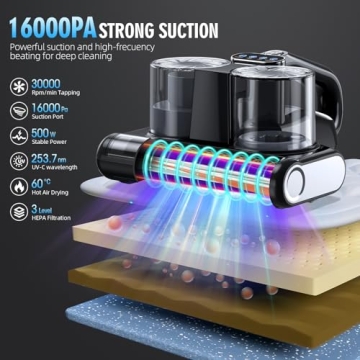 JPHYLL Mattress Vacuum 16Kpa Suction UV-C Light HEPA Filter