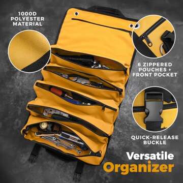 Soil & Sun Heavy Duty Tool Roll Bag Organizer - Travel roll up tool bag with 6 Zip Organizer Pouches...