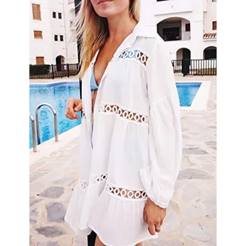 BUTTZO Women's Bikini Swimwear Beachwear Sexy Cover Up Tops Button Down Shirts Long Sleeve Blouse Bathing Suit