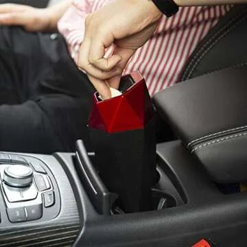 OUDEW Car Trash Can with Lid, New Car Dustbin Diamond Design, Leakproof Vehicle Trash Bin, Mini Garbage Bin for Automotive Car, Home, Office, Kitchen, Bedroom, 2PCS (Red)