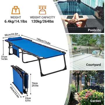 KingCamp Chaise Lounge Outdoor 5-Position Adjustable Patio Lounge Chair,Folding Tanning Chair for Lawn,Beach,Pool,Heavy-Duty Camping Reclining Chair