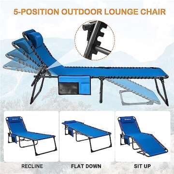KingCamp Chaise Lounge Outdoor 5-Position Adjustable Patio Lounge Chair,Folding Tanning Chair for Lawn,Beach,Pool,Heavy-Duty Camping Reclining Chair