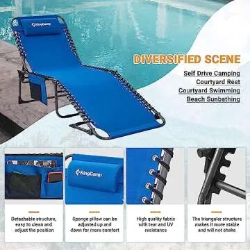 KingCamp Chaise Lounge Outdoor 5-Position Adjustable Patio Lounge Chair,Folding Tanning Chair for Lawn,Beach,Pool,Heavy-Duty Camping Reclining Chair