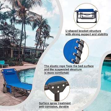 KingCamp Chaise Lounge Outdoor 5-Position Adjustable Patio Lounge Chair,Folding Tanning Chair for Lawn,Beach,Pool,Heavy-Duty Camping Reclining Chair