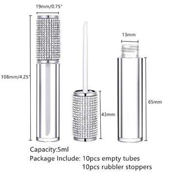 AJLTPA 10 Pack Crystal Rhinestone Lip Gloss Wand Tubes, 5ml Empty Lip Gloss Containers, Lipgloss Lip...