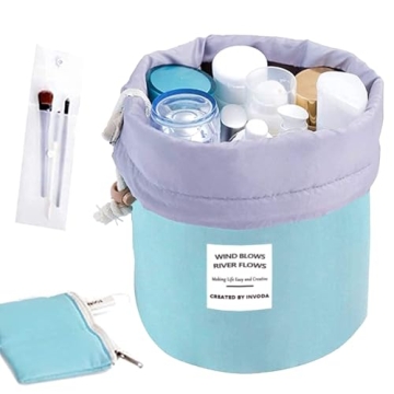 INVODA Cosmetic Bag for Women Barrel Shaped Travel Makeup Bags Large Capacity Soft Waterproof Portab...