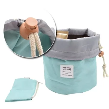 INVODA Cosmetic Bag for Women Barrel Shaped Travel Makeup Bags Large Capacity Soft Waterproof Portable Drawstring Cosmetic Bag Multifunctional Bucket Toiletry Bag (Green)