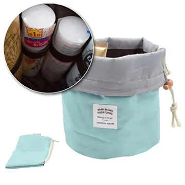 INVODA Cosmetic Bag for Women Barrel Shaped Travel Makeup Bags Large Capacity Soft Waterproof Portable Drawstring Cosmetic Bag Multifunctional Bucket Toiletry Bag (Green)