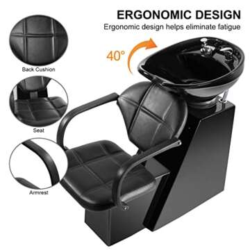 Artist hand Shampoo Bowl Backwash Barber Chair Adjustable Ceramic Bowl Sink W/Rubber Headrest for Salon Beauty Spa Equipment (Black) 43''