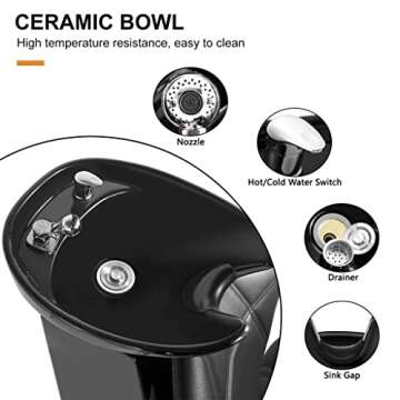 Artist hand Shampoo Bowl Backwash Barber Chair Adjustable Ceramic Bowl Sink W/Rubber Headrest for Salon Beauty Spa Equipment (Black) 43''