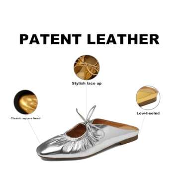 Women's Wrinkled Leather Lace Up Flat Mules Fashion Closed Square Toe Slip-On Slingback Ballet Flats...