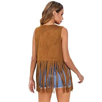 Verdusa Women's Tassel Sleeveless Vest 70s Hippie Faux Suede Fringe Jacket Cardigan Brown XL
