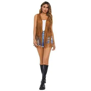 Verdusa Women's Tassel Sleeveless Vest 70s Hippie Faux Suede Fringe Jacket Cardigan Brown XL