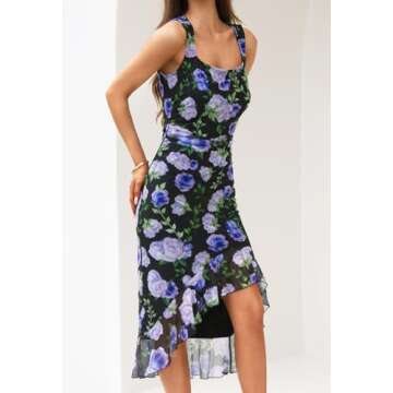 MEROKEETY Women's Summer Floral Square Neck Dress Sleeveless Ruffle Hem Mesh Cocktail Party Midi Dress, BlackBlue, X-Large
