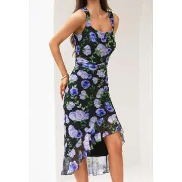 MEROKEETY Women's Summer Floral Square Neck Dress Sleeveless Ruffle Hem Mesh Cocktail Party Midi Dress, BlackBlue, X-Large