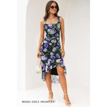 MEROKEETY Women's Summer Floral Square Neck Dress Sleeveless Ruffle Hem Mesh Cocktail Party Midi Dress, BlackBlue, X-Large