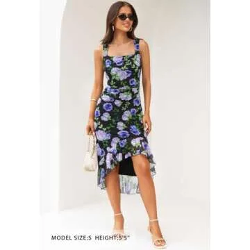 MEROKEETY Women's Summer Floral Square Neck Dress Sleeveless Ruffle Hem Mesh Cocktail Party Midi Dress, BlackBlue, X-Large