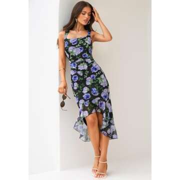 MEROKEETY Women's Summer Floral Square Neck Dress Sleeveless Ruffle Hem Mesh Cocktail Party Midi Dress, BlackBlue, X-Large