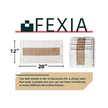 FEXIA Boho Placemats Set of 6 - Handmade Cotton & Burlap Table Decor for Dining