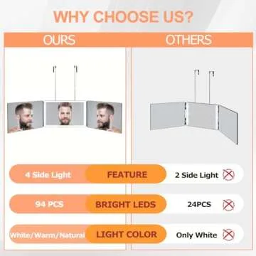 3 Way Mirror with 3 Colors Light, Rechargeable Self Cut Mirror Trifold Mirrors, Adjustable Barber Mi...
