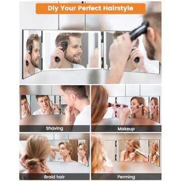 3 Way Mirror with 3 Colors Light, Rechargeable Self Cut Mirror Trifold Mirrors, Adjustable Barber Mirror Telescoping Hooks for Self Hair Cutting, 360 Mirror for Men Shaving Women Dyeing Hair Braiding