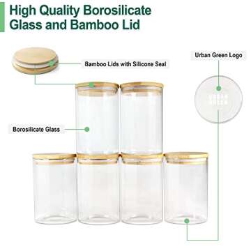 Urban Green Glass Jar with Bamboo Lid, Glass Food Storage Jar with Airtight Lid, 6 pack of 26oz, Glass Food Storage Container with Bamboo Lid, Glass Pantry Jars, Glass Pantry Storage Jars