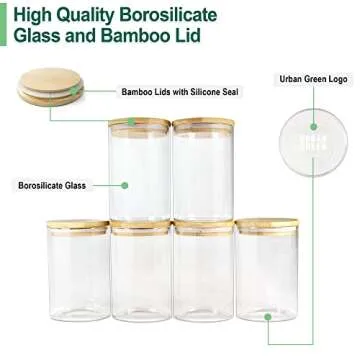 Urban Green Glass Jar with Bamboo Lid, Glass Food Storage Jar with Airtight Lid, 6 pack of 26oz, Glass Food Storage Container with Bamboo Lid, Glass Pantry Jars, Glass Pantry Storage Jars